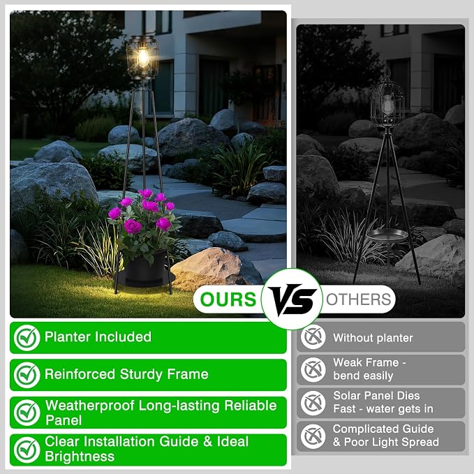 TOWPONICS 2-Pack 40.75'' Solar Lights with Plant Stands, Solar Powered Outdoor Floor Lamp with Planter, IP65 Waterproof Outdoor Lamp for Patio Deck Porch Yard Garden Decor, 8-12 Hours Lighting