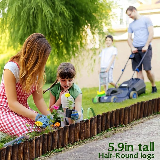 Wood Garden Edging for Landscaping – Half-Round Border Fence for Flower Beds， Pathways & Patio， Natural Decorative Wooden Panels for Garden Landscaping， 7.8in H x 4.0 ft L (6 Pack)