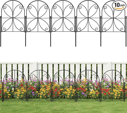 ShopLaLa Decorative Garden Fence (10 Panels) 12.5in(L) x 16.5in(H) Rustproof Black Metal Wire, Animal Barrier Fences for Dogs, Flower Bed Edging Landscape Border Yard Patio Butterfly Outdoor Decor