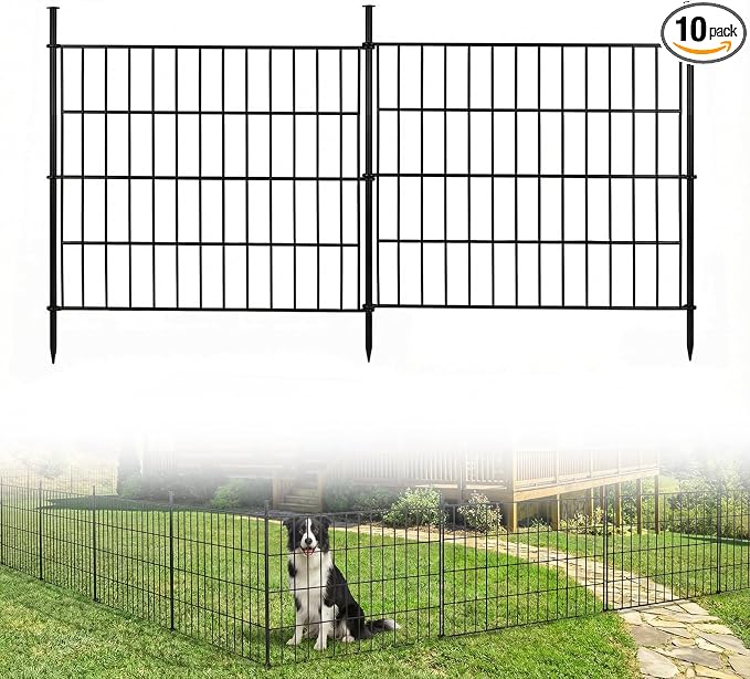 10 Panels No Dig Decorative Outdoor Garden Fence, 24in (H) x 20ft (L) Rustproof Metal Wire Rabbit Dog Garden Border Fencing for Yard, Animal Barrier with Ground Stakes for Patio