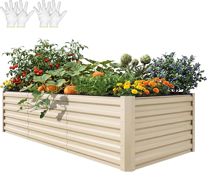 YITAHOME 8x4x2ft Large Raised Garden Bed Kit, Galvanized Metal Planter Box with Gloves, Support Rod & Safety Rubber, Outdoor Above Ground Planters for Plants Vegetables Flowers, Cream Yellow