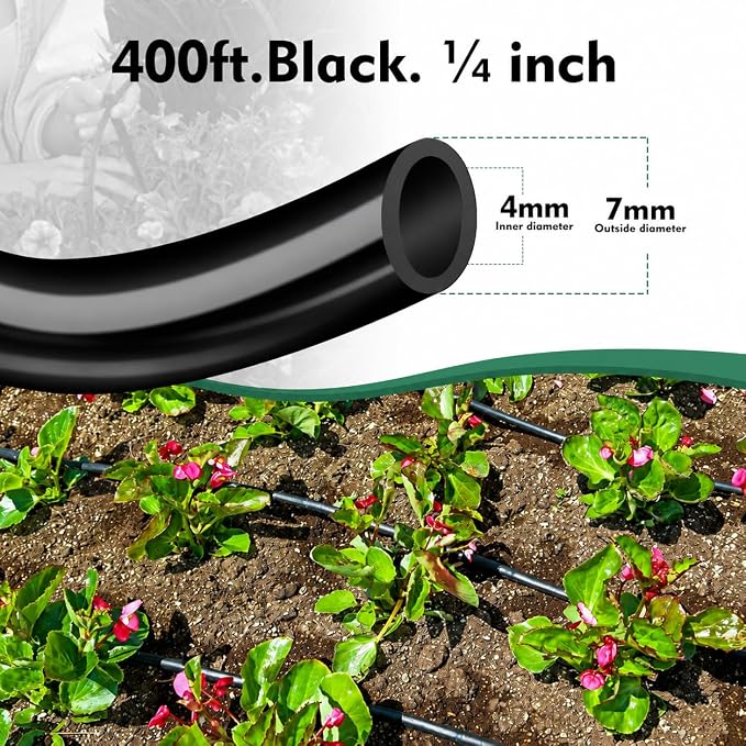 Bonviee 400ft 1/4 inch Drip Irrigation Tubing – Flexible, Durable Hose, Compatible with 1/4" Barbed Tee, Micro-Emitters & Misters, Perfect for New Home Garden System