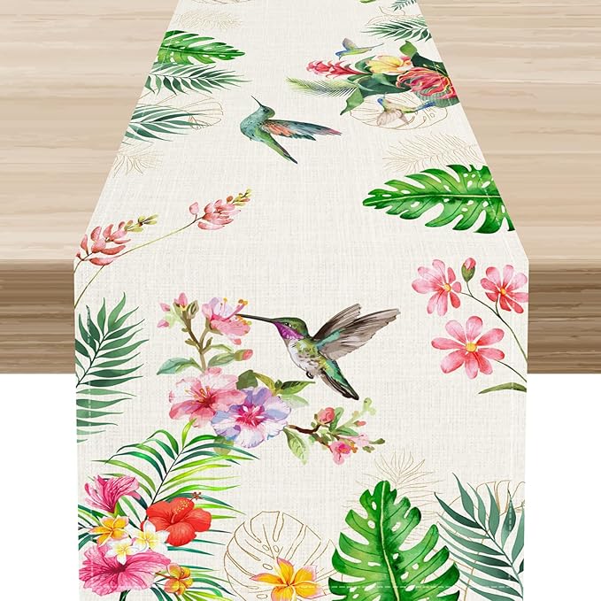 Floral Birds Table Runner, Rustic Watercolor Tropical Palm Leaf Hummingbird Pink Spring Flower Coffee Table Center Decor for Family Kitchen and Dining Farmhouse Party Table Decorations, 13"x108"