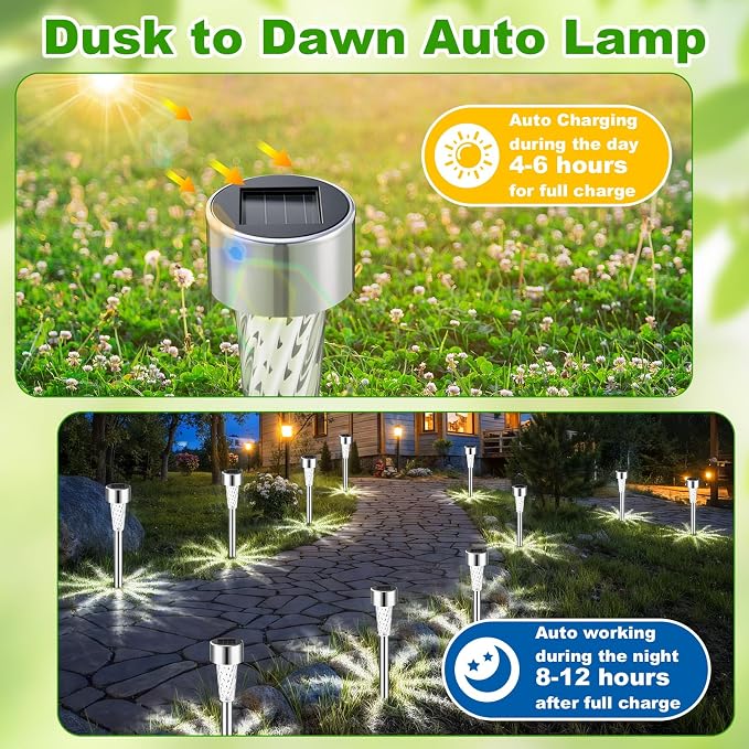 Huquary 50 Pack Solar Pathway Lights Outdoor Bulk, Stainless Steel LED Path Lights, Weather Resistant Solar Stake Light with Auto On/Off Sensor for Lawn, Patio, Driveway, Walkway, Garden Path