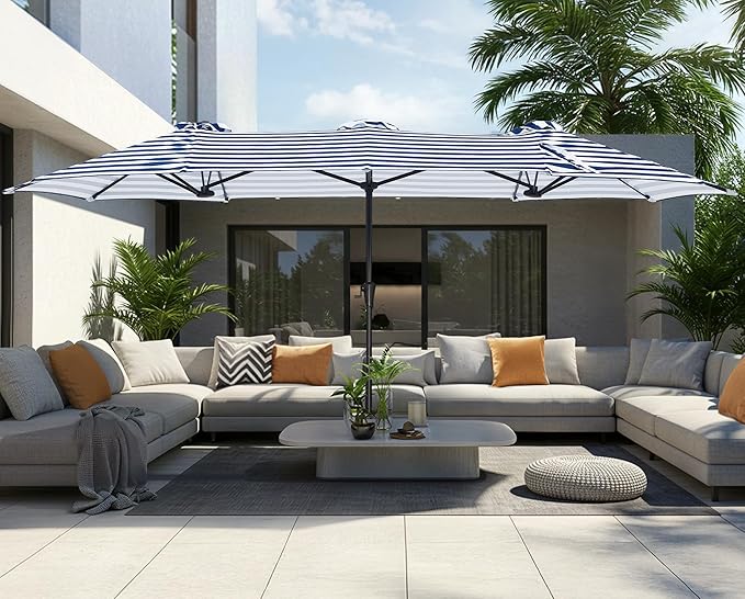 SUPERJARE 13FT Outdoor Umbrella for Patio, Double sided Pool Umbrellas with Fade Resistant Canopy, Large Table Umbrella for Deck, Market, Backyard - Blue & White Stripe