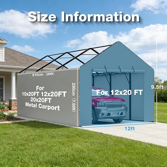 Metal Carport Replacement Sidewall Panel Kit for 12x20 FT, 2 Pack Sidewalls & 2 Pack Zipper Doors,220g PE Tarp, Roll-Up Carport Door Panels, Waterproof UV Resistant, Frame Not Included,Grey