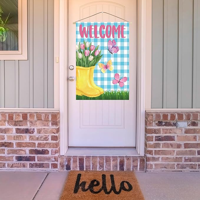 Spring House Flag 28"x40" Yellow Rain Boots with Tulips Butterflies Blue Gingham Welcome Double Sided Garden Decor for Yard Porch Outdoor