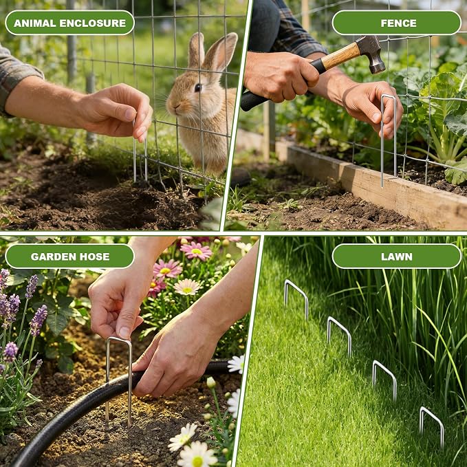 200PCS Garden Stakes Landscape Staples Set, 6 Inch Landscape Fabric Staples with Gasket, 11 Gauge Heavy Duty Galvanized Garden Ground Pins for Weed Barrier, Plant Covers, Irrigation Tubing