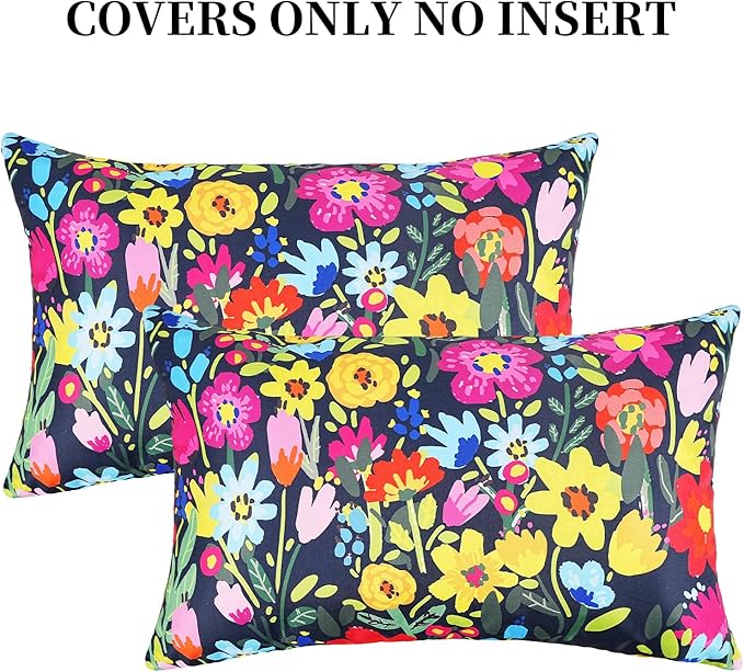 Adabana Spring Outdoor Waterproof Floral Pillow Covers Set of 2 Square Colorful Couch Cushion Cases 20x12 Inch Waterproof Decorative Pillows for Patio Garden Beach,Black