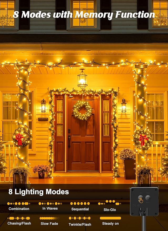 Brightown Solar String Lights Outdoor, 4 Pack Total 160FT 400 LED Solar Powered Lights Waterproof with 8 Modes, Auto On/Off, Patio Lights for Outside Tree Garden Balcony Party Decor (Warm White)