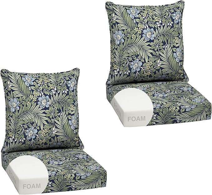 Arden Outdoor Foam Deep Seat Cushion Set (2-Pack), 24x24, Premium High-Density Foam, Never Flattens, Weather-Proof for Patio Chair Sofa Couch, Sapphire Morrison Floral
