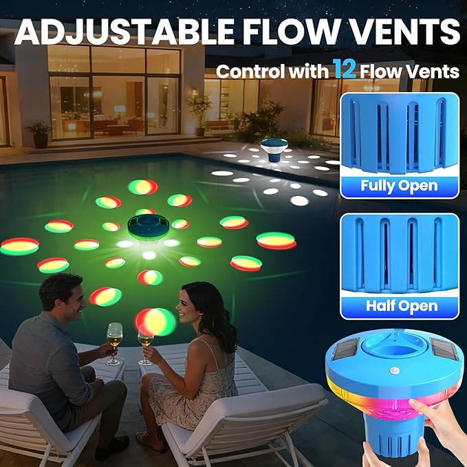 ChlorBlu Solar Chlorine Floater,Chlorine Floater with Colorful Lights,Large Capacity Floating Chlorine Dispenser for Pool,7.6" Pool Chlorine Floater,Button Control Chlorine Floater for Hot Tub(Blue)