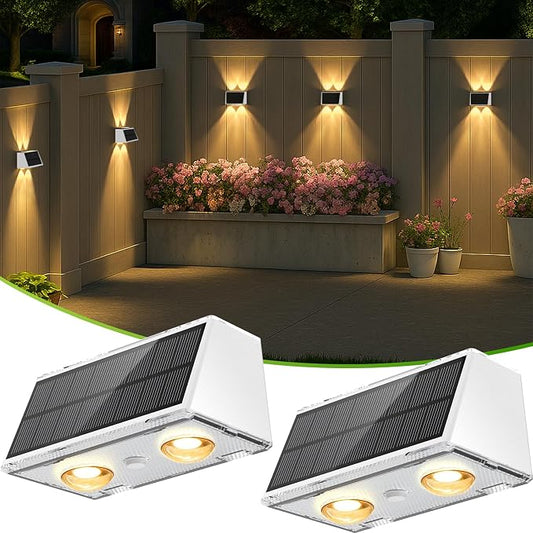 LANSOW Solar Fence Lights 2 Pack, Solar Powered Lights Outdoor Waterproof, 9-Mode Warm/Cool White & RGB Up-Down Led Spot Wall Lights Dusk to Dawn Decor for Backyard, Deck, Patio, Pool, Railing(White)