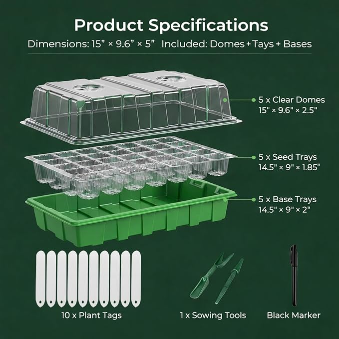 Gardzen 10 Pack 10 Gallon Grow Bags & 5 Pack 40 Cell Seed Starter Tray Kit, Thickened Aeration Fabric Pots with Handles, BPA Free Reusable Seedling Trays with Humidity Vented Domes for Indoor Outdoor