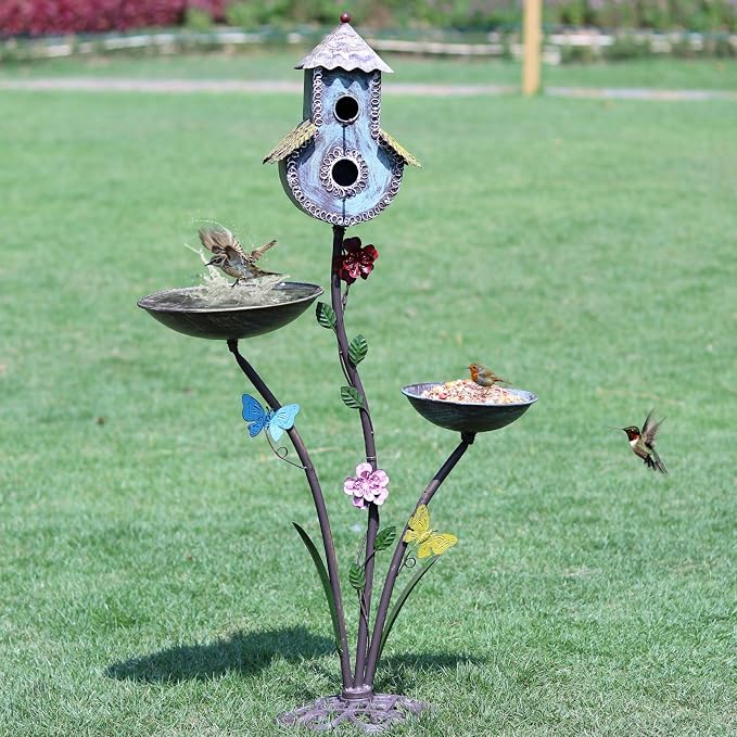 HLQMFHT 38" H Birdbaths for Outdoors,Metal Bird Feeder and Bird Houses for Outside,3-in-1,Garden Yard Decor