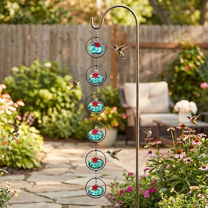 QFkris Set of 6 Blown Glass Hummingbird Feeder for Outdoors Hanging, Small Hummingbird Feeder with Flower Feeding Ports for Outside Garden Backyard Decor, Gardening Gifts for Women Mom(Green)