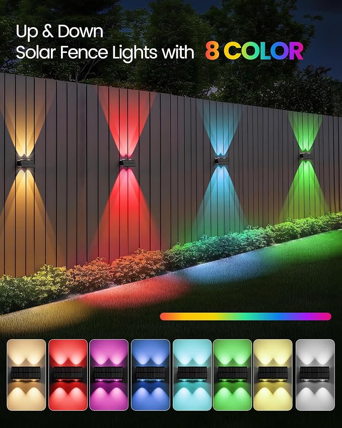 Bridika Solar Fence Lights Outdoor, 6 Pack Up and Down Wall Light, 8 Colors Lens LED Dusk to Dawn Solar Lights Outdoor Waterproof for Patio, Deck, Backyard, Garden