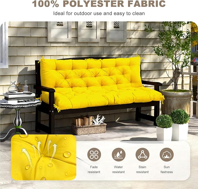 Porch Swing Cushion with Backrest, Waterproof Bench Cushion for Outdoor Furniture, 2-3 Seater Replacement Thickened Swing Cushion with Ties, Patio,Outdoor, Backyard and Garden (Yellow,47x40in)