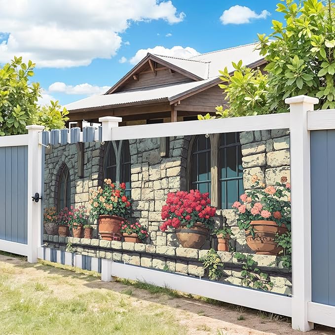 7 * 16FT Summer Garage Door Cover Decorations Sunset Palm Trees Garage Door Banner for Outdoor Indoor Summer Party Photography Backdrop (Flower pot-window, 6 * 13 ft)