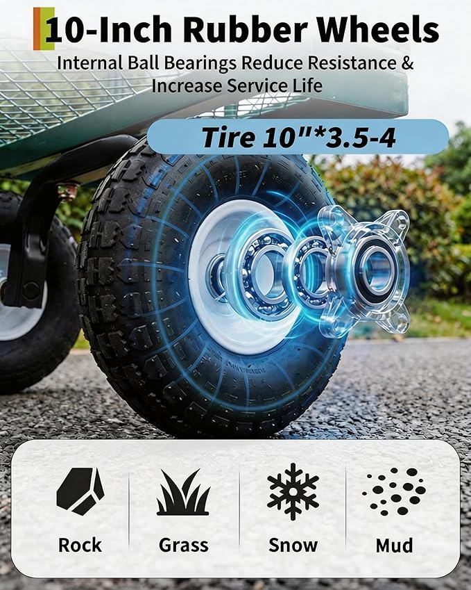 GarveeTech 400LBS Heavy Duty Steel Garden Cart, Garden Wagon Cart on Wheels, Metal Yard Utility Wagon with Removable Mesh Sides, 10" All Terrain Tires, 180° Rotating Handle for Lawn, Garden, Farm
