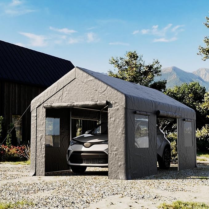 COSIEST 10'×20' Storage Shelter Outdoor Gable Roof Carport with Removable Side Walls, Heavy-Duty Garage Canopy Weatherproof PE Cover, Multi-Purpose Vehicle/Tractor Shed for Backyard/Driveway/Farm