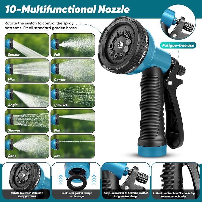 Garden Hose 100FT, Non-Expanding Lightweight Water Hose With 10-Function Nozzle, Leak-Proof, No-Knot, Easy to Carry and store, Wear-Resistant, Sturdy, 3/4GHT, Designed for Garden, Yard, Outdoor