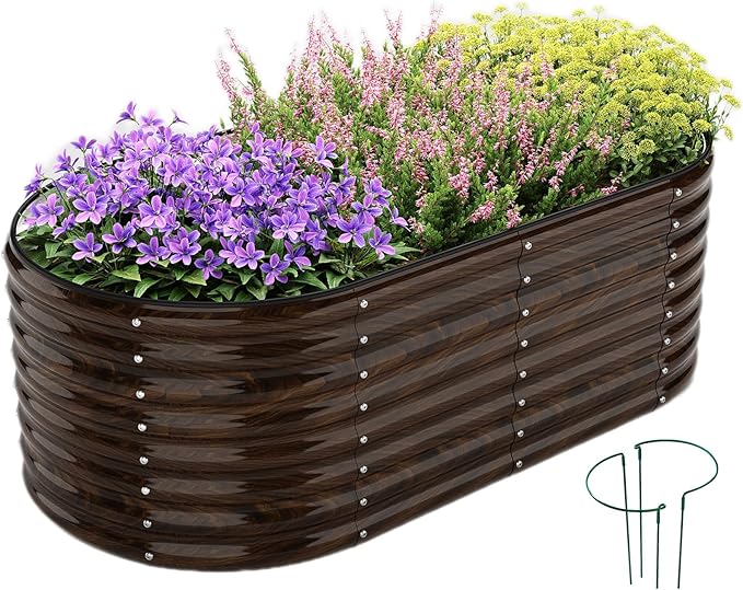 ZFHgarden Galvanized Metal Planter Round Raised Garden Bed Kit for Gardening Outdoor Garden Box Raised Flower Bed 1CP Wooden Color 6X3X2F