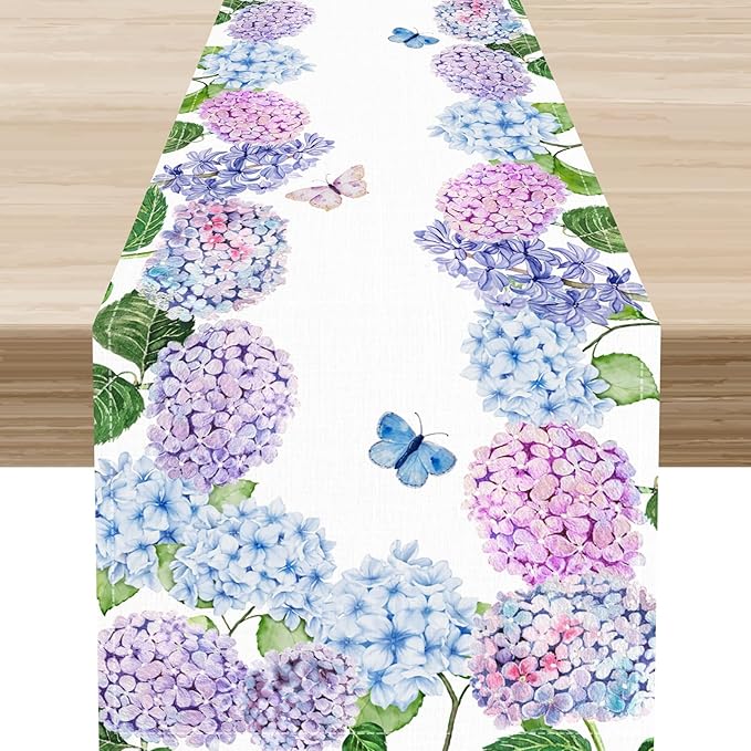 Blue Hydrangea Table Runner, Rustic Country Watercolor Floral Spring Summer Seasonal Flower Butterfly Farmhouse Table Center Decor for Family Kitchen and Dining Party Table Decorations, 13"x90"