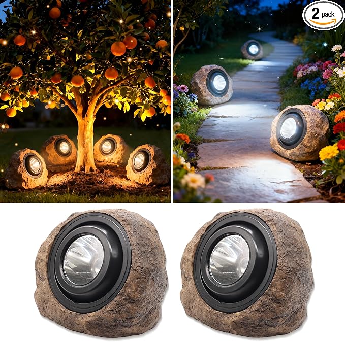 Solar Rock Lights Outdoor,2 Pack IP65 Waterproof LED Solar Brown Garden Stone Spotlights,Warm White & Cool White Switchable,Auto On/Off Landscape Lights for Pathway Walkway Yard Patio