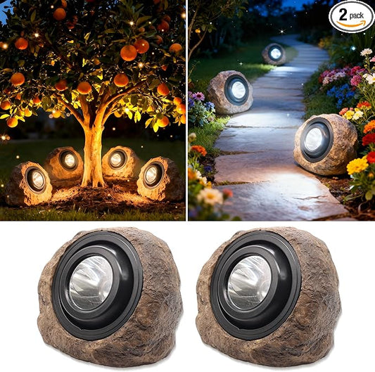 Solar Rock Lights Outdoor,2 Pack IP65 Waterproof LED Solar Brown Garden Stone Spotlights,Warm White & Cool White Switchable,Auto On/Off Landscape Lights for Pathway Walkway Yard Patio