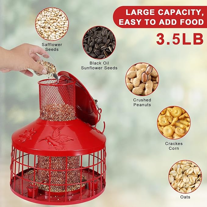 Squirrel Proof Bird Feeder with 3 Water Cups, 4.2LB Large Capacity Outdoor Hanging Bird Feeder with Metal Cage, One-Piece Design No Assembly Needed, Weather Resistant & Stylish for Garden, Yard (Red)