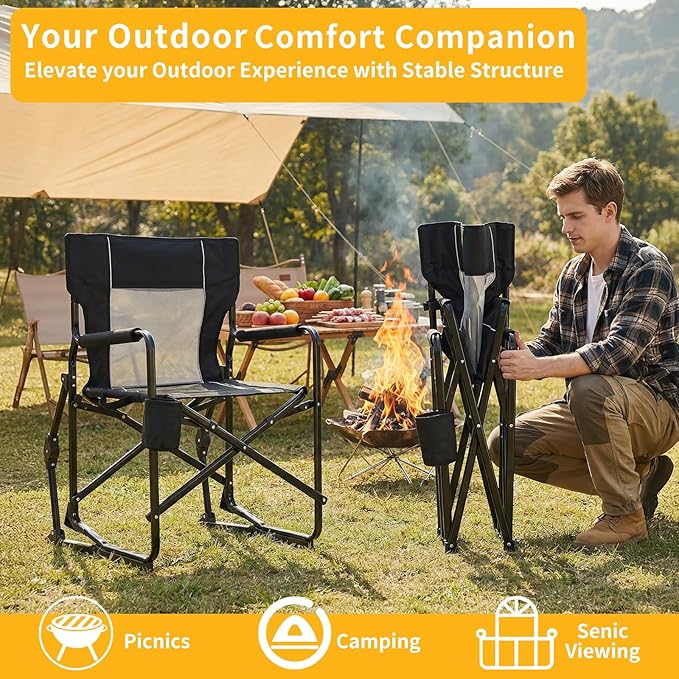 Folding Rocking Chair for Adults - Outdoor Camping and Lawn Chair with Breathable Mesh, Detachable Waterproof Armrests and Cup Holder – Portable Travel Seat, Black