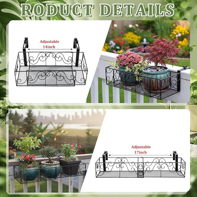 Youyole Railing Hanging Planter Holders, Adjustable Balcony Flower Pot Rack Stand, Expands 14"-27" Iron Hanger Hooks Fit Almost Any Balcony, Fence or Deck Railing up to 8" Wide(Black)