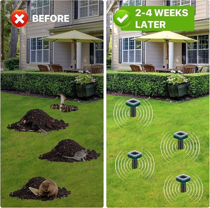 8 Pack Mole Repellent Solar Powered for Lawns Snake Repellent for Yard Rodent Repellent Gopher Groundhog Vole Ultrasonic Spike Outdoor Waterproof Sonic Burrowing Animals Deterrent Stakes