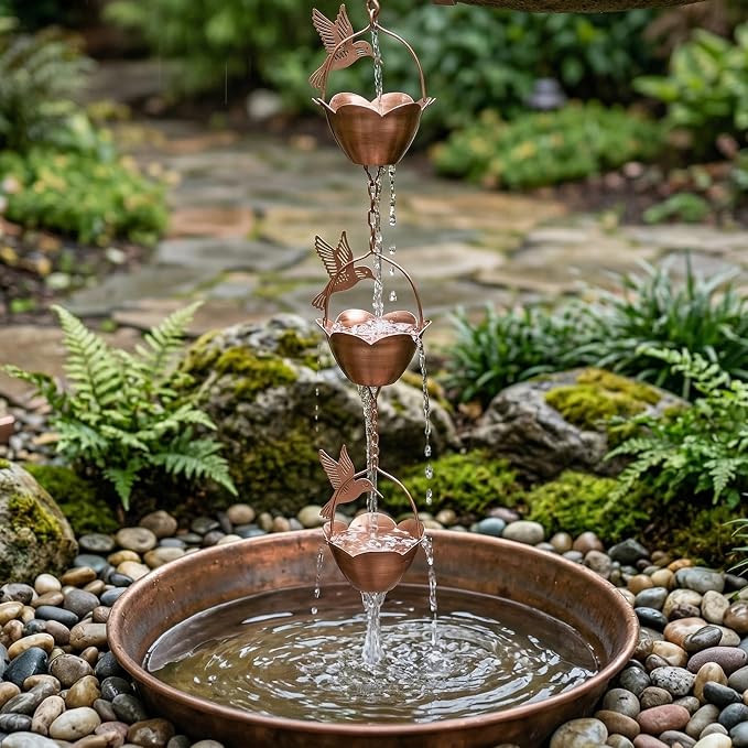 Topadorn Hummingbird Rain Chain, 7.85 ft Decorative Metal Gutter Chain with 12 Cups, Weatherproof Water Diverter for Outdoor Garden