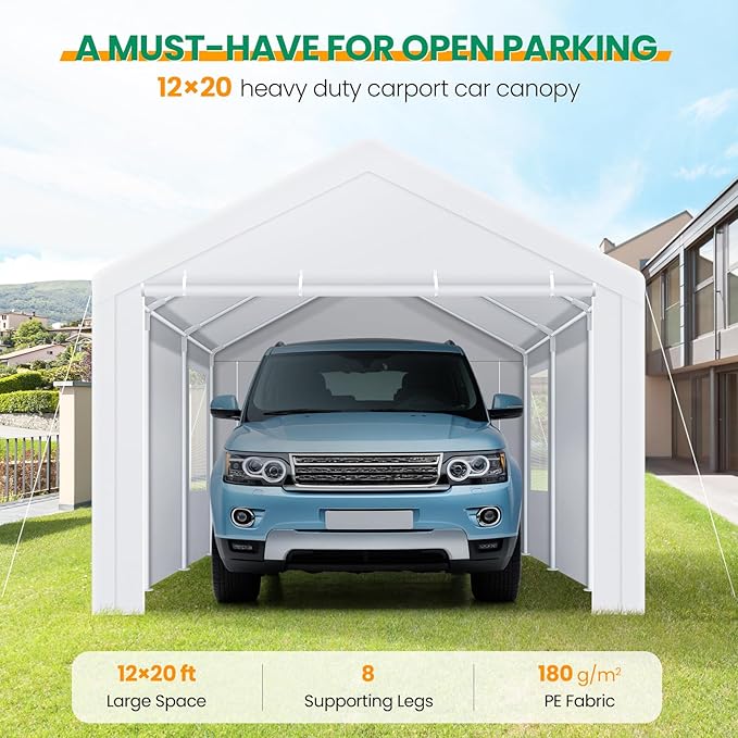 COBIZI Carport Canopy 12x20 Heavy Duty Portable Garage with Removable Sidewalls & Doors, Car Port Canopy Tent with Built-in Sandbags & All-Season Tarp for Car Boat Truck, White