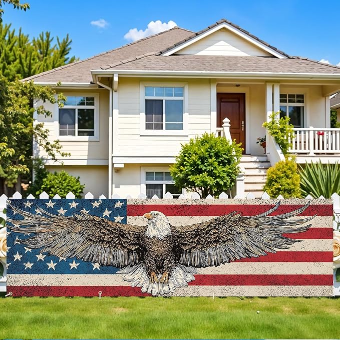 10x3 ft Extra Large Independence Day Eagle Flag Banner Outdoor 115''x35'' Eagle Flag Patriots Banner for Fence Outside Garden Large Flower Banners Yard