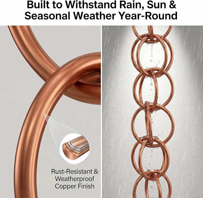 Topadorn 7.7FT Copper Double Ring Rain Chain, Modern Decorative Metal Downspout Replacement, Adjustable Outdoor Water Diverter for Garden, Patio & Porch