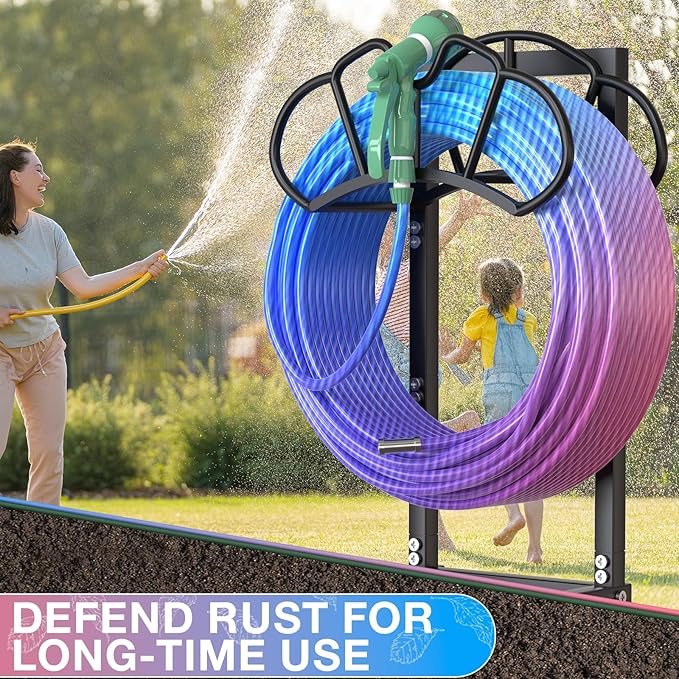 Qatsrin New Garden Hose Holder, Super Stable Water Hose Holders Stand Holds 160-Feet Hose, Rustproof Freestanding Hose Storage Hanger Rack for Outside Yard Lawn Farm, Black