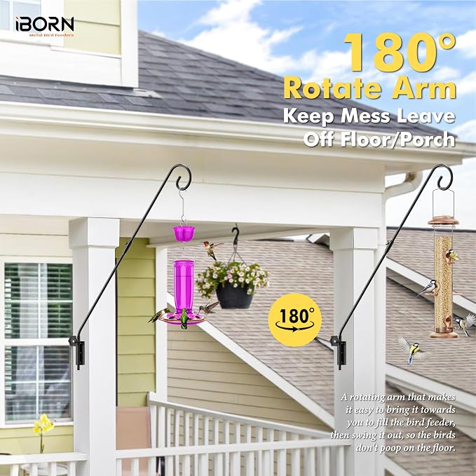iBorn 16OZ Hummingbird Feeders for Outdoors with Built-in Ant Moat&28" Wall Mount Deck Hook,180° Rotatable Arm, Solid Wire, Pack of 1