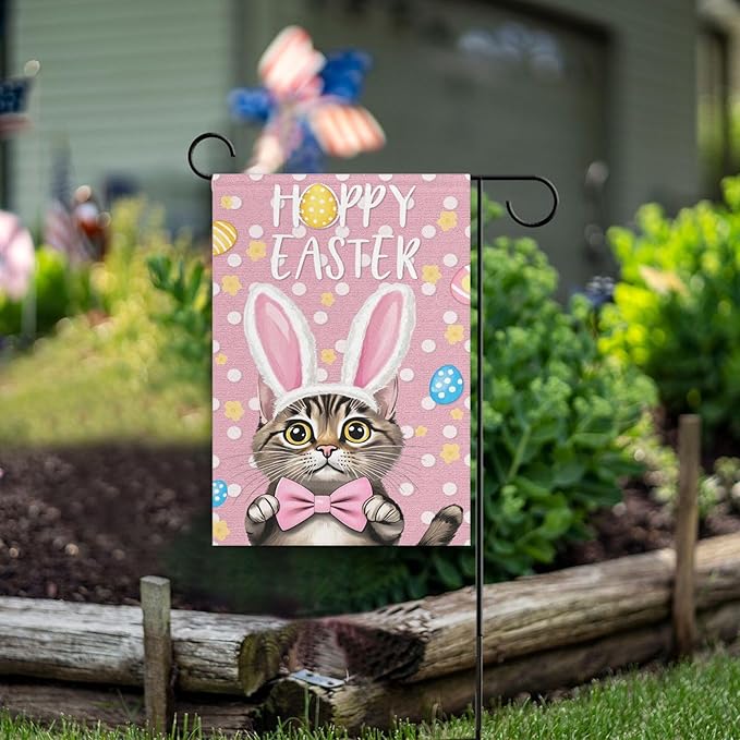 Happy Easter Day Pink House Flag 28x40 Inch Double Sided Outside Bunny Cat Bowknot Rabbit Easter Egg Yard Outdoor Flag Banner for Garden Lawn Patio Holiday Decorations