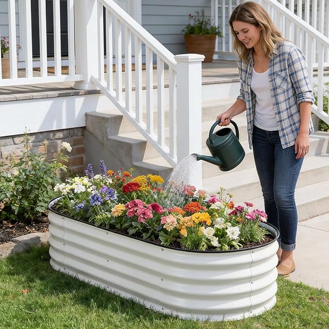 STBoo Galvanized Raised Garden Bed Outdoor, 2Pcs 4x2x1ft Oval Planter Box with Rubber Strip,Metal Raised Bed Kit for Vegetables Flowers Herbs, White