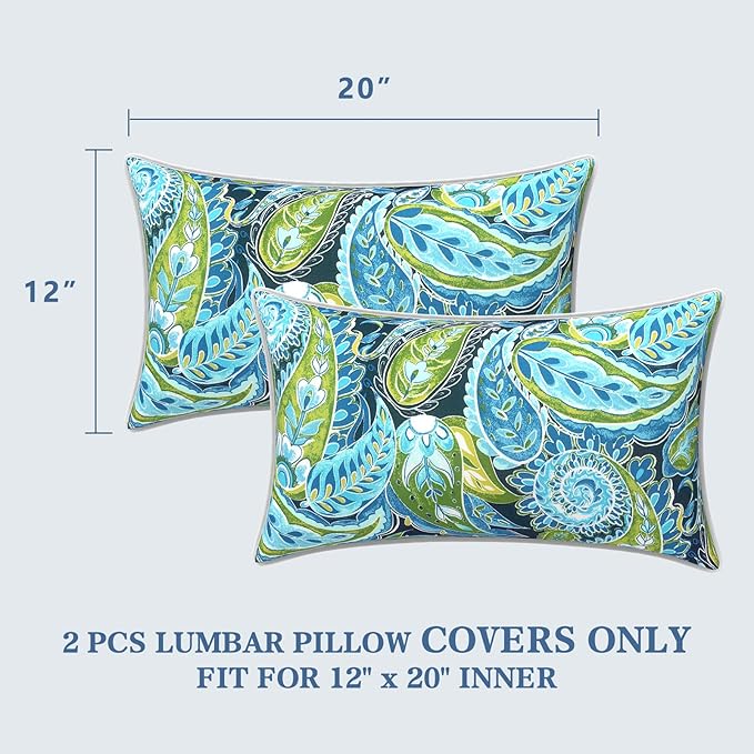 LVTXIII 2 Pack Outdoor Lumbar Pillow Covers 12x20 Inch with Piping, Water-Repellent Back Cushion Covers ONLY for Patio Furniture, Sofa, Garden Bench, Paisley Lapis Green