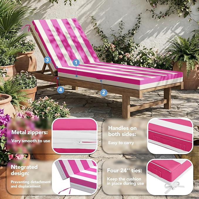 L'AGRATY Outdoor Lounge Chaise Cushion: 72x21x3 Inch Waterproof Lounge Chair Cushion for Outdoor Furniture with Fade Resistant Removable Cover - Patio Cushions for Pool Lawn Deck(Pink White 1Pack)