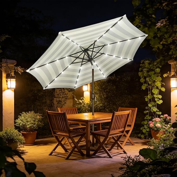 Blissun 9 ft Solar Umbrella, Patio Umbrella with 32 LED Lights, Table Market Umbrella, Outdoor Umbrella for Garden, Deck, Backyard, Black & Beige