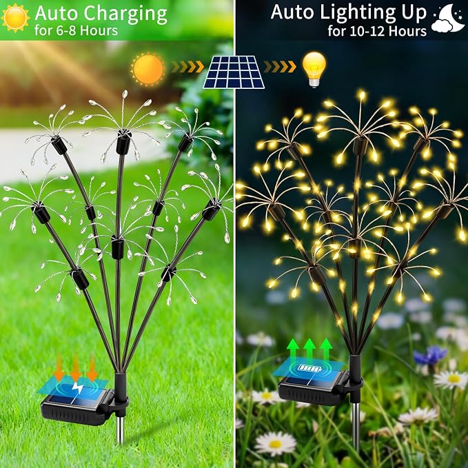 Solar Garden Lights Outdoor, 4 Pack 2-Layer Swaying Firework Lights, Waterproof Starburst Fairy Light Garden Decor for Yard Patio Pathway Lawn, Gardening Gifts for Women Mom Grandma Mother's Day