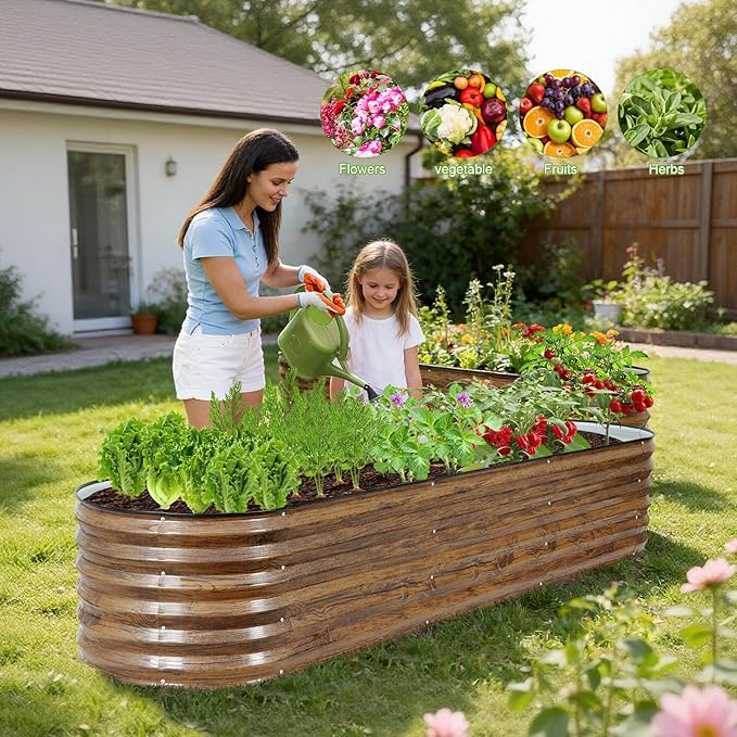 ZORMY Galvanized Raised Garden Bed Outdoor- 2PCS 8x2x1.4ft Oval Steel Raised Beds for Gardening, Metal Planter Box with Protective Strip and Gloves for Vegetables, Flowers, Fruits (Brown)