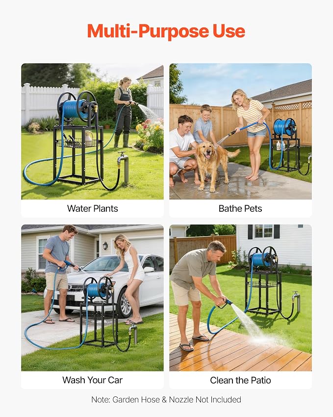 VEVOR Freestanding Garden Hose Reel, Holds 125 Feet of 5/8-inch Hose, Wall Mount or Ground Mount, Detachable Holder Stand with Storage Rack, 5 ft Leader Hose, Brass Fitting, 4 Spikes, for Backyards