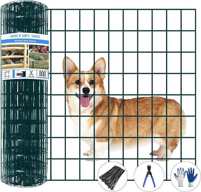 GILPWA Welded Wire Fence, 50ft(L) x 24inch(H) Garden Fence for Dog, 2 Inch x 3 Inch 16GA Fencing for Chicken, PVC Coated Anti-Rust Roll Metal Wire Mesh Fence for Yard Vegetable, Green