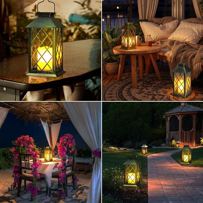 Yowin Solar Lanterns Outdoor Waterproof 14" Large Tempered Glass Solar Hanging Lantern for Outside with Flickering Candle, Mother's Gift Ideas, Wall Lamp for Garden Patio Vintage Decorations - Bronze